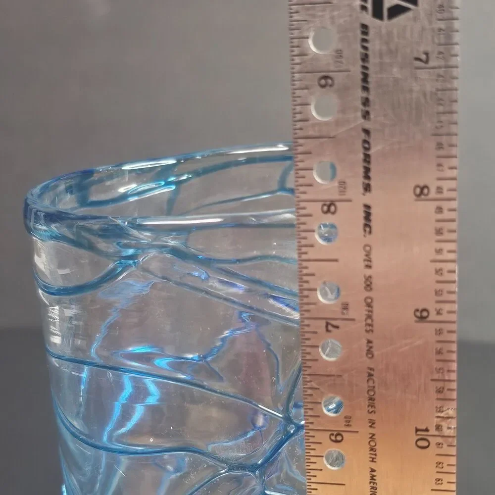 Handmade Mexican Style Glass Vase Clear with Blue Swirls 8